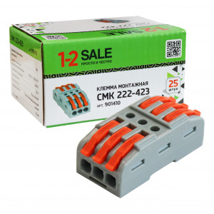 1-2.sale клемма проходная СМК 222-423 с рычагом 3х2,5(4)мм2, 32А (уп.25шт, цена за шт) E1M 901410