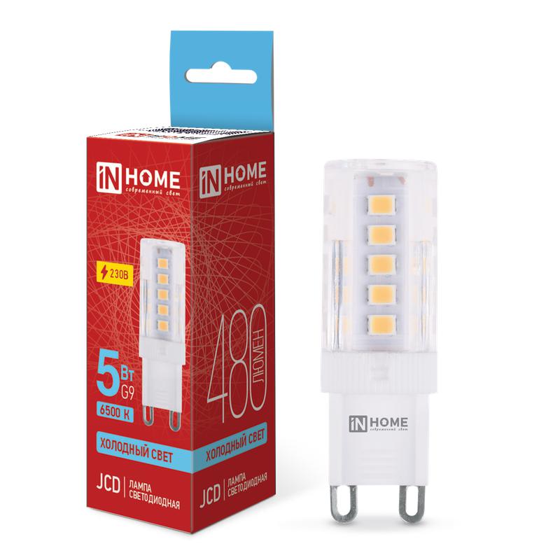 Лампа светодиодная LED-JCD 5Вт капсульная прозрачная 6500К холод. бел. G9 480лм 230В IN HOME 4690612
