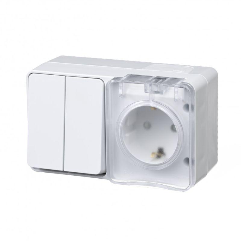 Блок ОП AtlasDesign Profi54 (розетка 16А 250В с заземл. защ. шторки + 2-кл. выкл. 10А) IP54 бел. SE